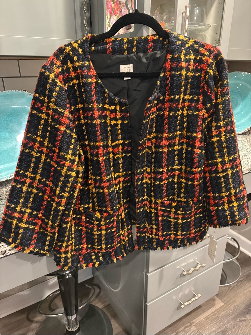 NWT Women’s Black
Plaid Bouclé Jacket with Red & Yellow Accents